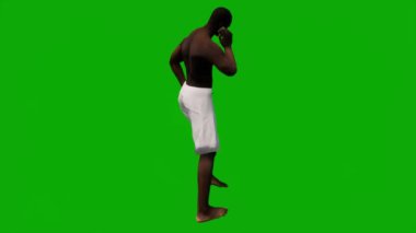 Sahilde tatil gezisinde olan 3D siyah Afrikalı adam yeşil ekranda yürüyor, alışveriş yapıyor ve 1080 yılında cep telefonuyla konuşuyor.