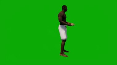 Sahilde tatil gezisinde olan 3D siyah Afrikalı adam yeşil ekranda yürüyor, alışveriş yapıyor ve 1080 yılında cep telefonuyla konuşuyor.