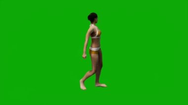 3D beyaz Amerikalı kadın plaj tatilinde yeşil ekranda yürüyor, alışveriş yapıyor ve arka planda cep telefonuyla çalışıyor.