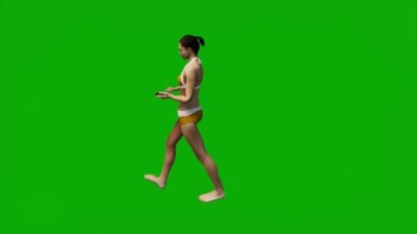 3D beyaz Amerikalı kadın plaj tatilinde yeşil ekranda yürüyor, alışveriş yapıyor ve arka planda cep telefonuyla çalışıyor.