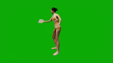 3D beyaz Amerikalı kadın plaj tatilinde yeşil ekranda yürüyor, alışveriş yapıyor ve arka planda cep telefonuyla çalışıyor.