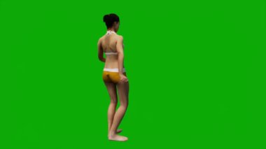 3D beyaz Amerikalı kadın plaj tatilinde yeşil ekranda yüzerek yürüyor ve 1080 'de uyuyor.