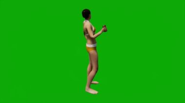 3D beyaz Amerikalı kadın plaj tatilinde yeşil ekranda yüzerek yürüyor ve 1080 'de uyuyor.