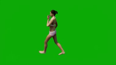 3D beyaz Amerikalı kadın plaj tatilinde yeşil ekranda yürüyor, alışveriş yapıyor ve arka planda cep telefonuyla çalışıyor.
