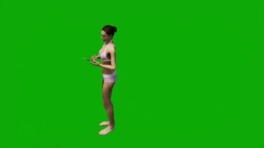 3D beyaz Amerikalı kadın plaj tatilinde yeşil ekranda yürüyor, alışveriş yapıyor ve arka planda cep telefonuyla çalışıyor.