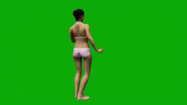 3D beyaz Amerikalı kadın plaj tatilinde yeşil ekranda yürüyor, alışveriş yapıyor ve arka planda cep telefonuyla çalışıyor.