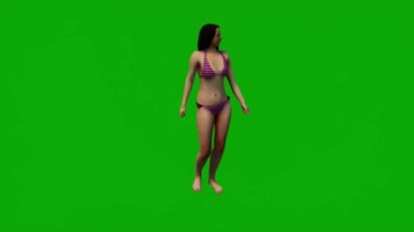 3D bikinili bir kadın plaj tatilinde yeşil ekranda yürüyor ve cep telefonuyla konuşuyor.