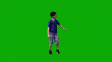 3D animasyon anaokulu çocuğu yeşil ekranda oynuyor ve arka planda mutlu. 1080 HD yüksek kalite.