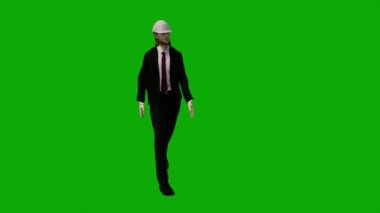3D erkek müteahhit mühendisi yeşil ekranda konuşuyor ve krom anahtar film arka planında çalışıyor.