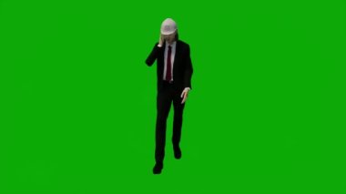 3D erkek müteahhit mühendisi yeşil ekranda konuşuyor ve krom anahtar film arka planında çalışıyor.
