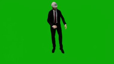 3D erkek müteahhit mühendisi yeşil ekranda konuşuyor ve krom anahtar film arka planında çalışıyor.