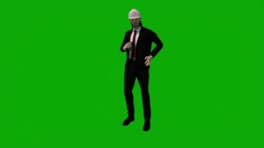 3D erkek müteahhit mühendisi yeşil ekranda konuşuyor ve krom anahtar film arka planında çalışıyor.