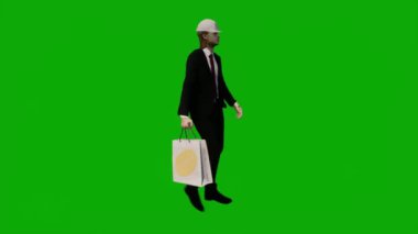 3D erkek müteahhit mühendisi yeşil ekranda konuşuyor ve krom anahtar film arka planında çalışıyor.