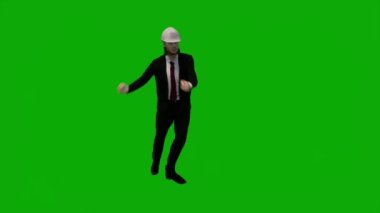 3D erkek müteahhit mühendisi yeşil ekranda konuşuyor ve krom anahtar film arka planında çalışıyor.