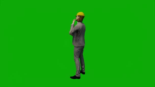 3D男性請負業者のエンジニアは 緑の画面で話して歩くとクロマキー映画の背景で働く上でアニメーション — ストック動画