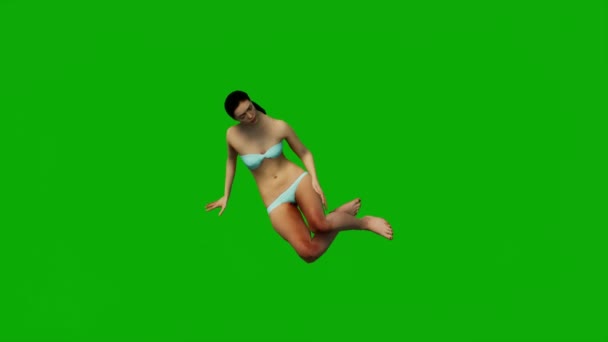 Женщина Бикини Летних Каникулах Зеленом Экране Сидит Спит Отдыхает Изолированном — стоковое видео