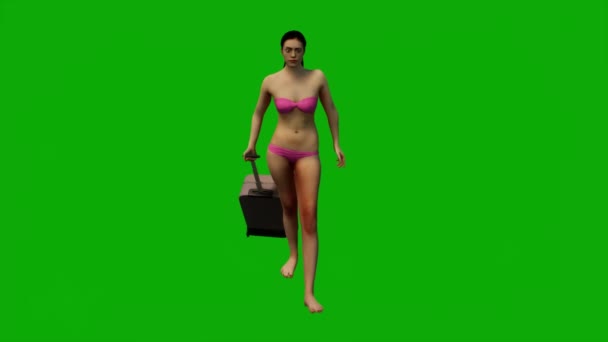 Kvinna Bikini Stranden Semester Grön Skärm Promenader Och Talar Mobiltelefon — Stockvideo