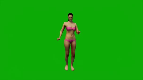 3D女性でビキニオンビーチ休暇オン緑の画面歩くとバックグラウンドで携帯電話で話す1080 — ストック動画