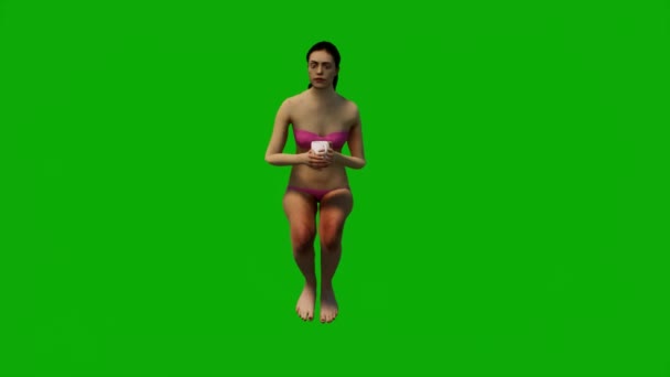 Yaz Tatilindeki Boyutlu Bikinili Kadın Yeşil Ekranda Oturuyor Uyuyor Dinleniyor — Stok video