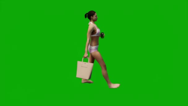 Beyaz Amerikalı Kadın Plaj Tatilinde Yeşil Ekranda Yürüyor Alışveriş Yapıyor — Stok video