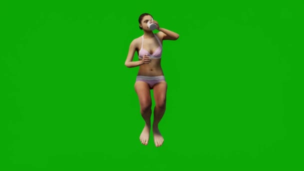Kobieta Bikini Wakacjach Zielonym Ekranie Siedzi Śpi Spoczywa Izolowanym Tle — Wideo stockowe
