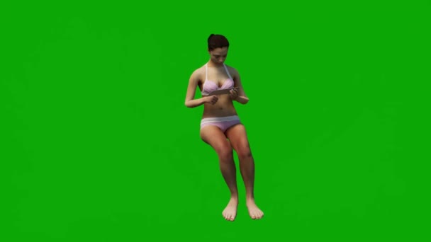 穿比基尼的3D女性在暑假坐在绿色屏幕上 在孤立的背景下睡觉和休息 — 图库视频影像