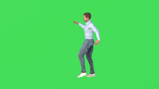 緑の画面上の3D男性ダンサーインストラクターは 側からクロマキー高品質4Kで手と足でヒップホップを踊る — ストック動画