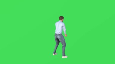 Yeşil ekranda golf oynayan üç boyutlu bir adam topa vuruyor ve yüksek kalite kroma 4K ile alıştırma yapıyor.
