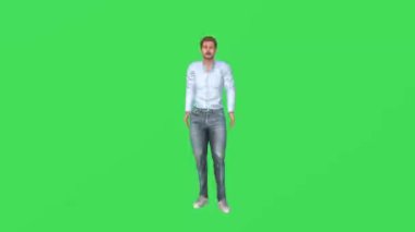 Yeşil ekranda 3 boyutlu erkek oyuncu yerden silah alıyor ve izole edilmiş arka plana nişan alıyor, yüksek kalite krom 4K.