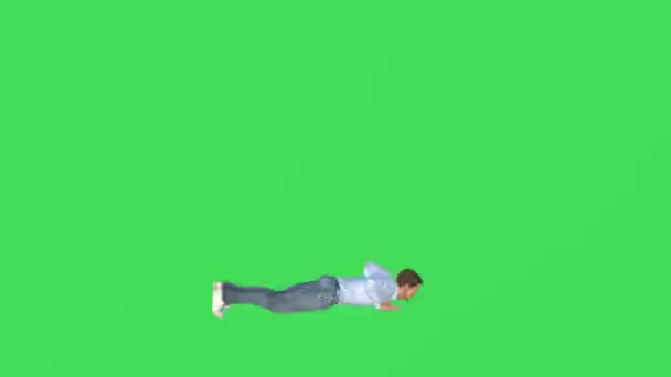 Yeşil Ekranda Uzanan Erkek Atlet Ayağa Kalkıyor Zıplıyor Arka Planda — Stok video
