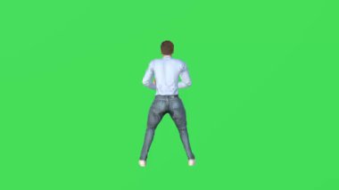 3D adam yeşil ekranda futbol oynuyor. Topa krom anahtarla vurup arkadan vuruyor.