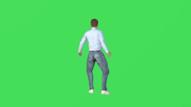 3D Avrupalı gezgin yeşil ekranda dans ediyor, eğleniyor ve Chroma Key 'de içiyor.