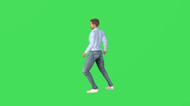 3D Avrupalı gezgin yeşil ekranda ayaklarla ve ellerle dans ediyor ve eğleniyor ve yüksek kalitede krom anahtarla sarhoş oluyor.