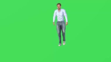 3D Avustralyalı adam yeşil ekranda yürüyor ve kapıyı açıyor ve yüksek kalite kroma anahtarıyla içeri giriyor.