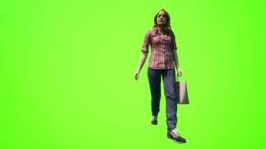 3D insanlar yeşil ekran Genç Avrupalı kadınlar sokakta yürüyor ve alışveriş yapıyorlar