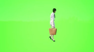 Mağazada alışveriş torbası olan bayan öğretmen, yeşil ekranda izole edilmiş gerçekçi 3D insanlar.