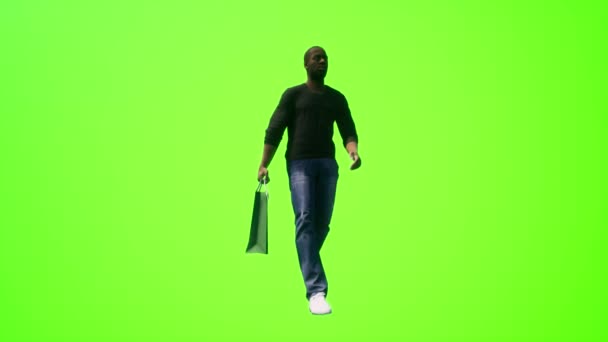 Afro Amerikalı Adam Alışverişte Tatilde Gerçekçi Boyutlu Insanlar Yeşil Ekranda — Stok video