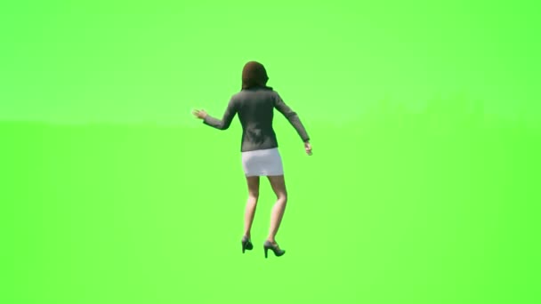 3D人绿色屏幕黑色办公室女职员穿着办公室衣服从后面跳起舞来 — 图库视频影像