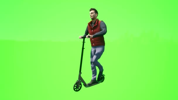 男性体育指导员骑马和移动 现实的3D人在绿色屏幕上表现孤立 — 图库视频影像