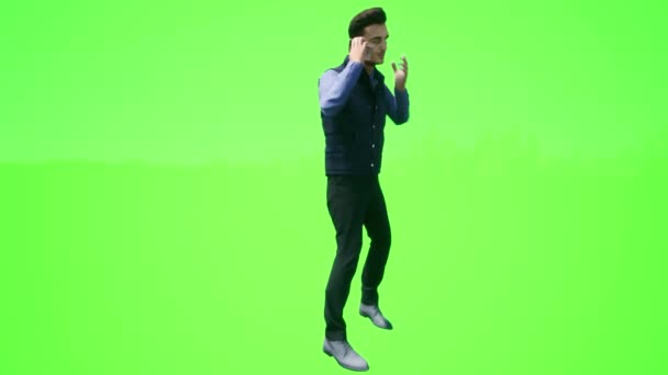 携帯電話で話をしながら質問をする男性アメリカ人学生緑の画面に孤立してレンダリングする現実的な3D人 — ストック動画