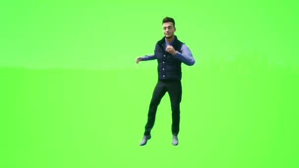 店内で楽しそうに踊っている幸せなセールスマン 緑の画面に隔離されたレンダリング現実的な3D人 — ストック動画