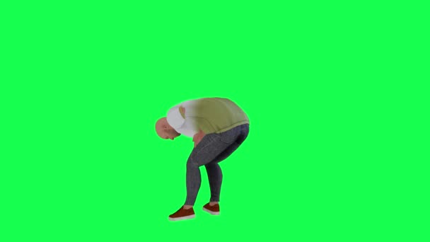 在绿色的屏幕上从后面的角度打那个肥胖秃头的男人的腿和他的痛苦 — 图库视频影像