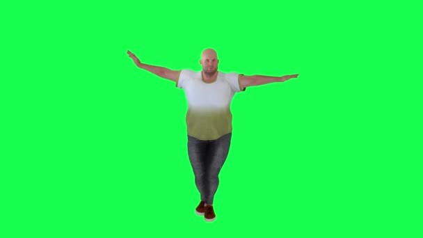 脂肪アメリカ人男性ダンスのような運動フロントビュー上の緑の画面 — ストック動画