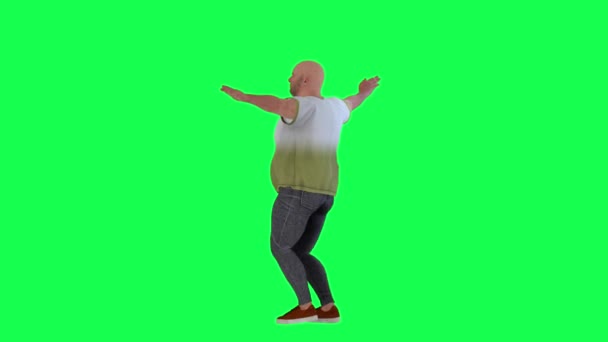 背中の角度から緑の画面上で上下にジャンプし 彼の手で踊ると踏み — ストック動画