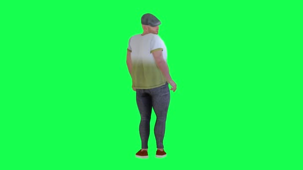 彼の後ろの人と緑の画面の後ろの角度から彼の前で同時に話して脂肪の男 — ストック動画