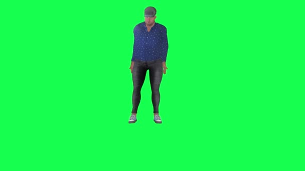 Uomo Grasso Con Una Camicia Blu Pantaloni Neri Cappello Grigio — Video Stock