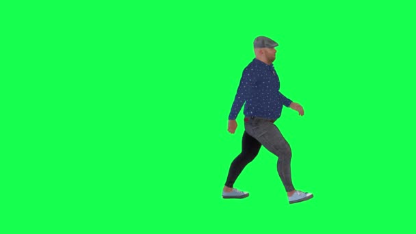 緑の画面の左側のビューから速く歩く青いスーツと帽子と灰色のズボンの男 — ストック動画