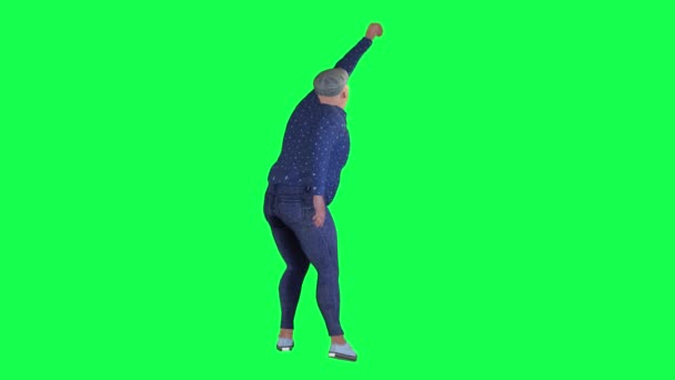 緑の画面上の背角から壁にスローガンを書いて青い服の脂肪男 — ストック動画