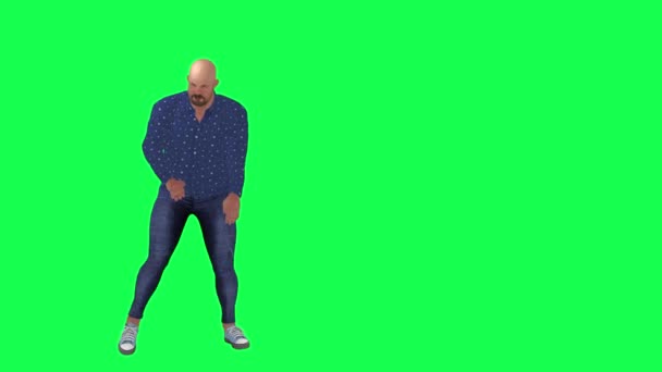 Dikke Kale Engelse Man Dansen Juichen Blauwe Kleren Vooraanzicht Groen — Stockvideo