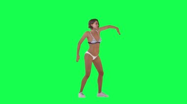 Beyaz pantolonlu ve beyaz iç çamaşırlı bikinili kızın el ve vücut dansı yeşil ekrandaki ters açıyla.
